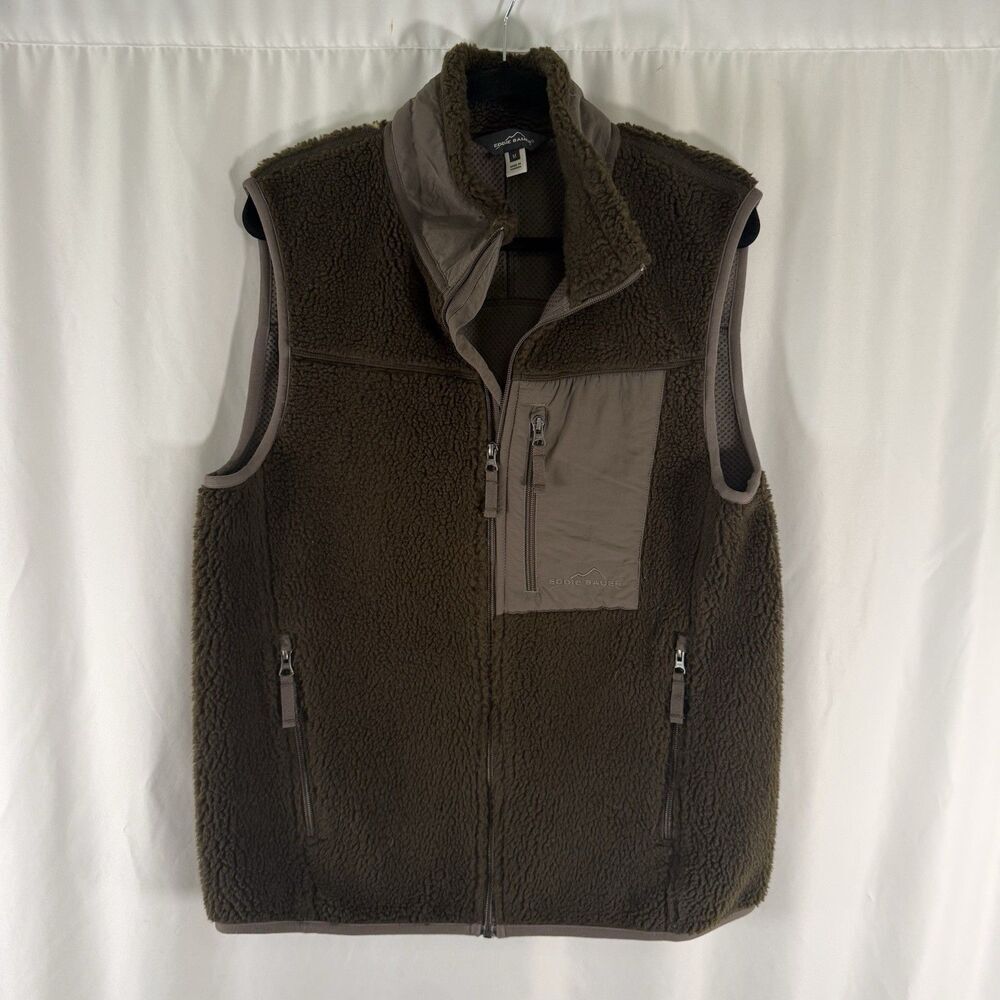 Eddie Bauer Fleece Vest Men's Medium Solid Brown Full Zip Pockets Turtleneck